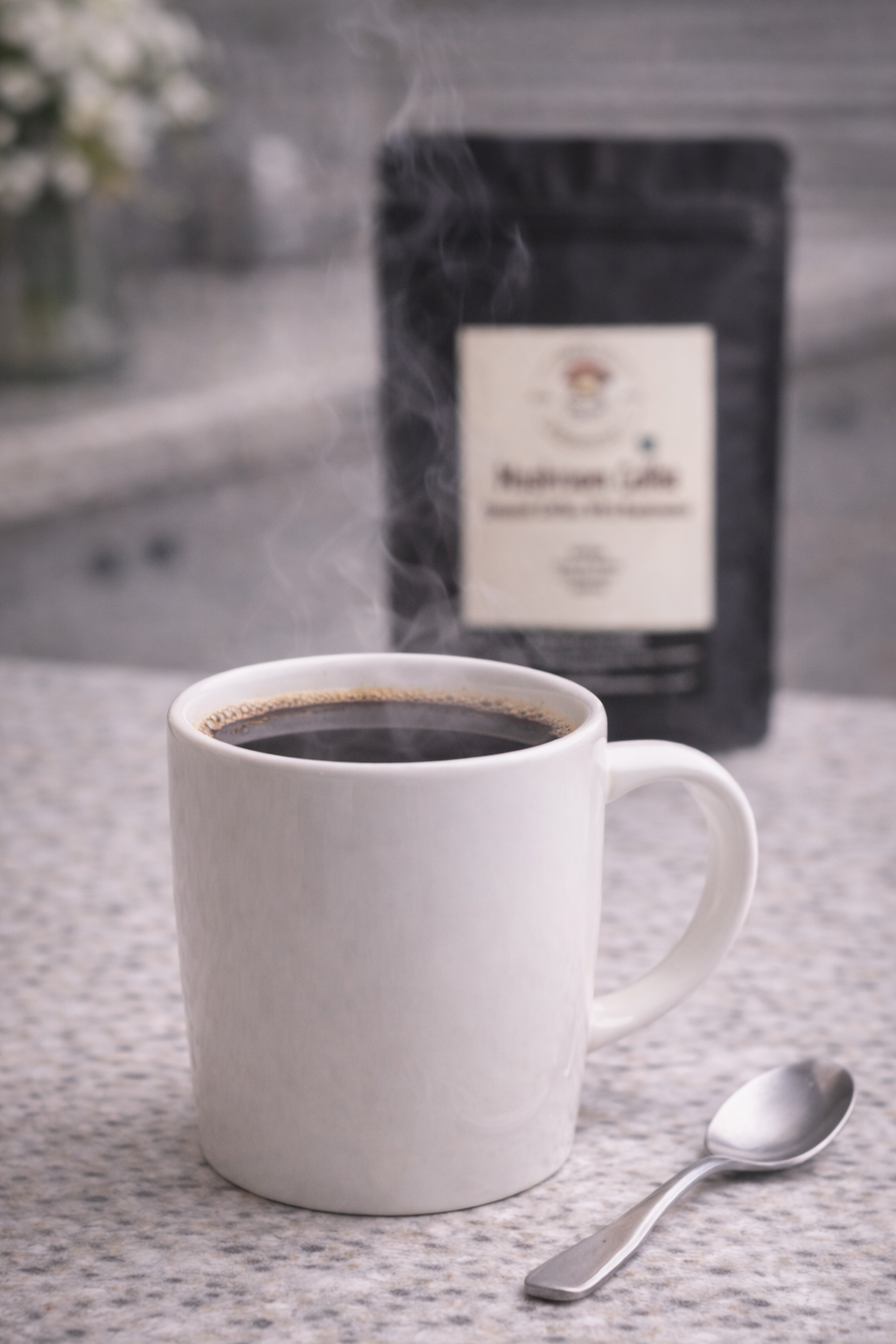 Steaming cup of mushroom coffee made from medium roast ground coffee on a kitchen counter