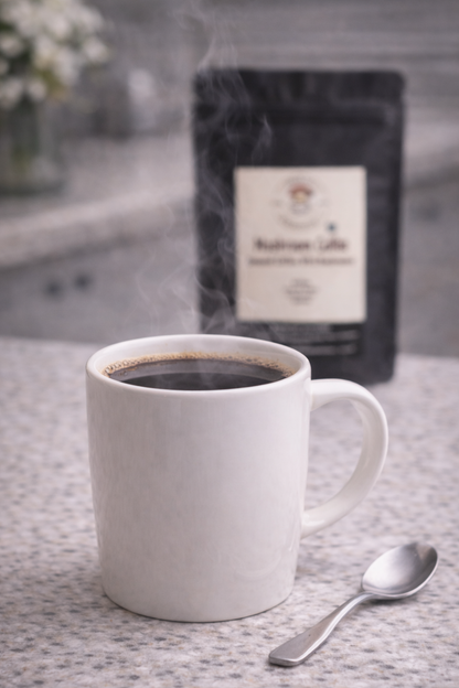 Steaming cup of mushroom coffee made from medium roast ground coffee on a kitchen counter