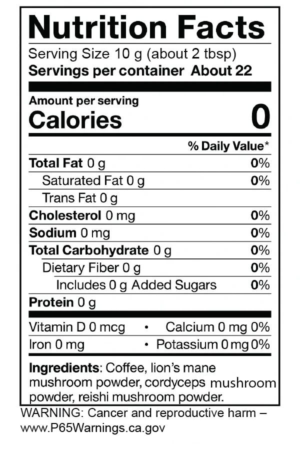 Nutrition facts label for Mushroom Coffee Medium Roast ground coffee with mushrooms
