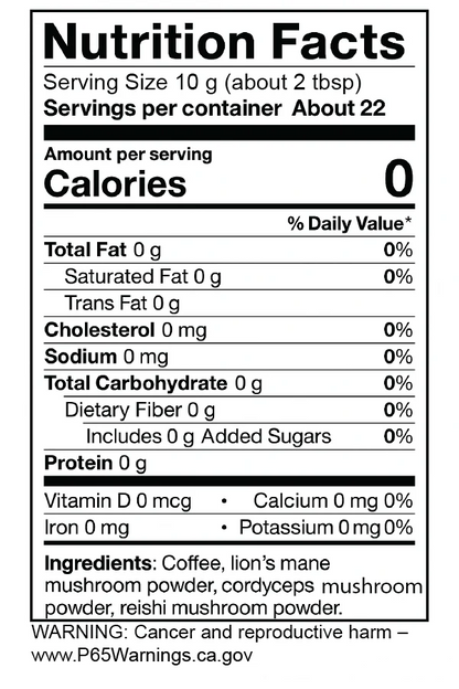 Nutrition facts label for Mushroom Coffee Medium Roast ground coffee with mushrooms

