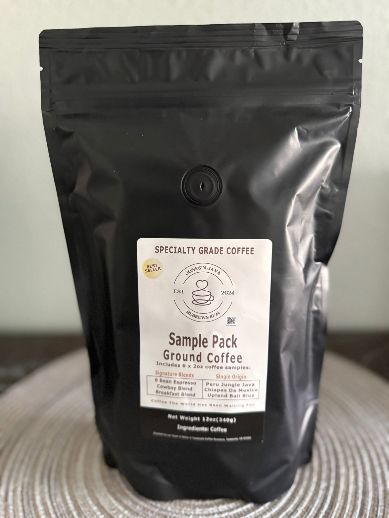 Jones’N Java specialty coffee sample pack, ground coffee variety pack.