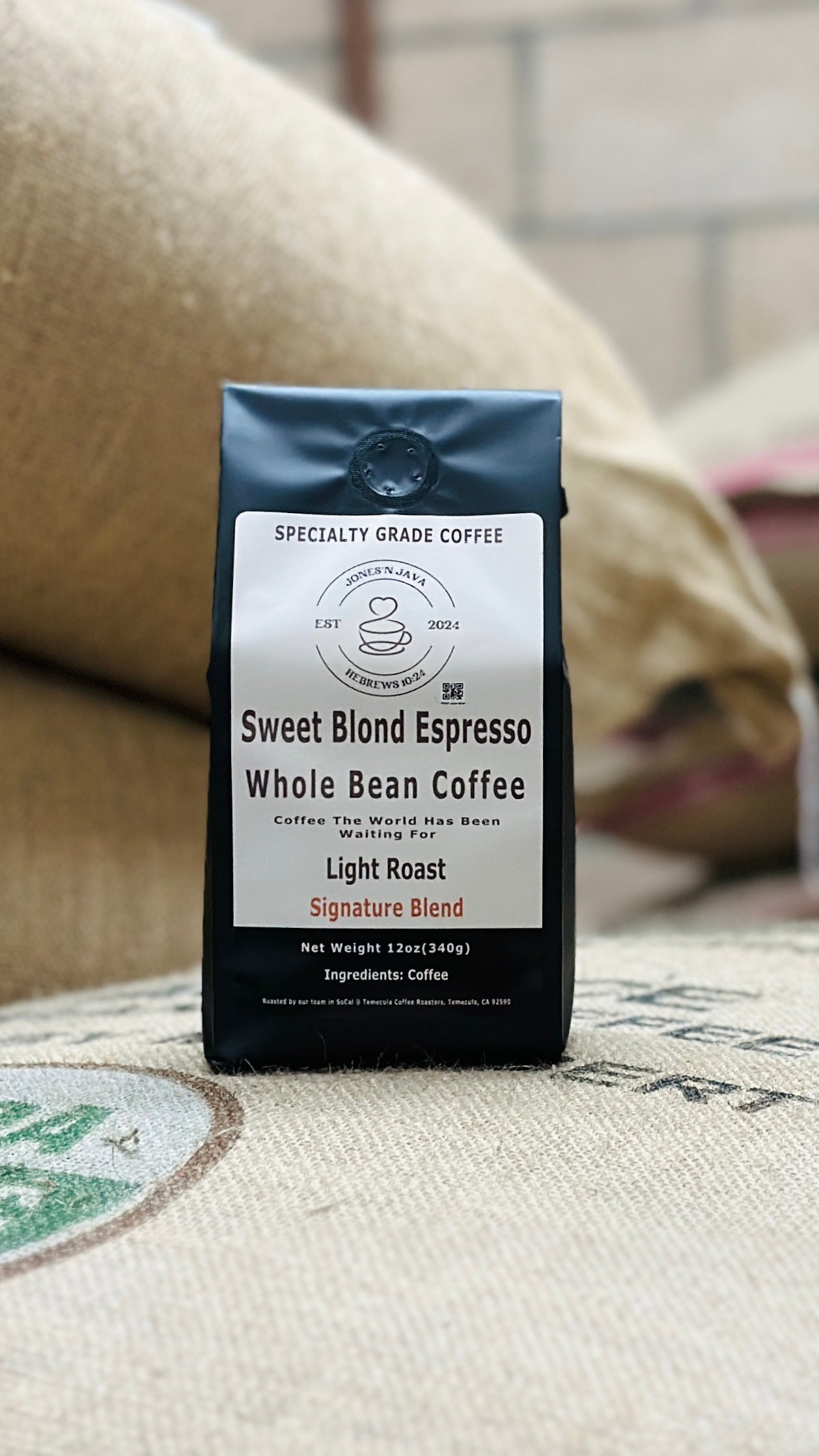 Jones’N Java Sweet Blond Espresso whole bean coffee in roastery setting